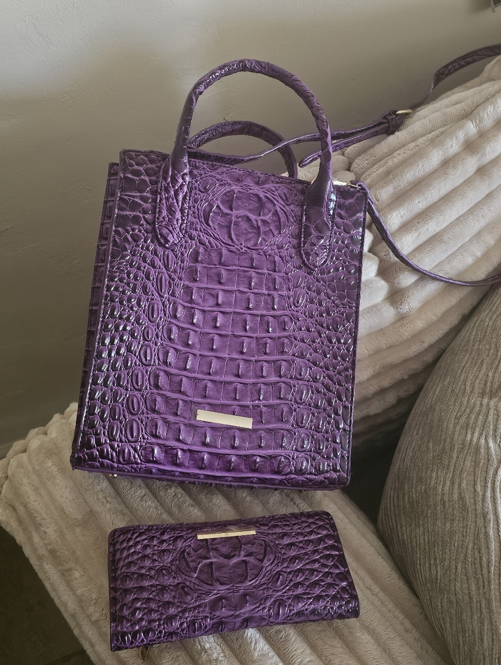 Purple Croc-Embossed Satchel with Matching Wallet - Women Bags